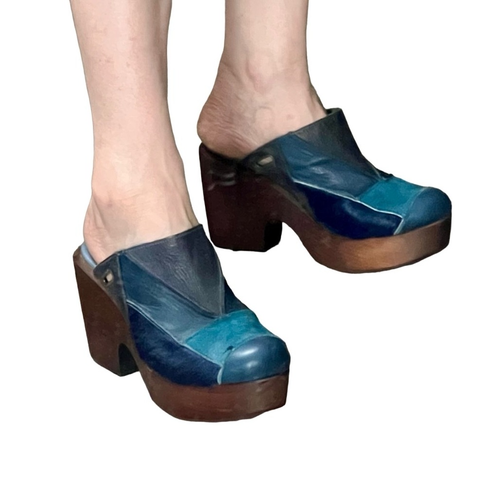 Free People Patchwork Blue Suede Leather Fur Texture 70s platform Wood Clog 38 8